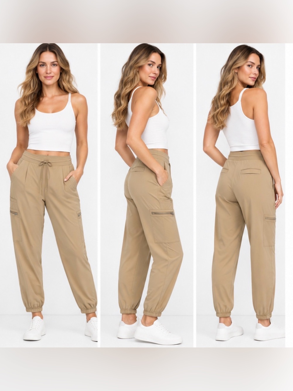 Athleta Go Far Travel Pant Cargo Joggers Tan Beige Size 8